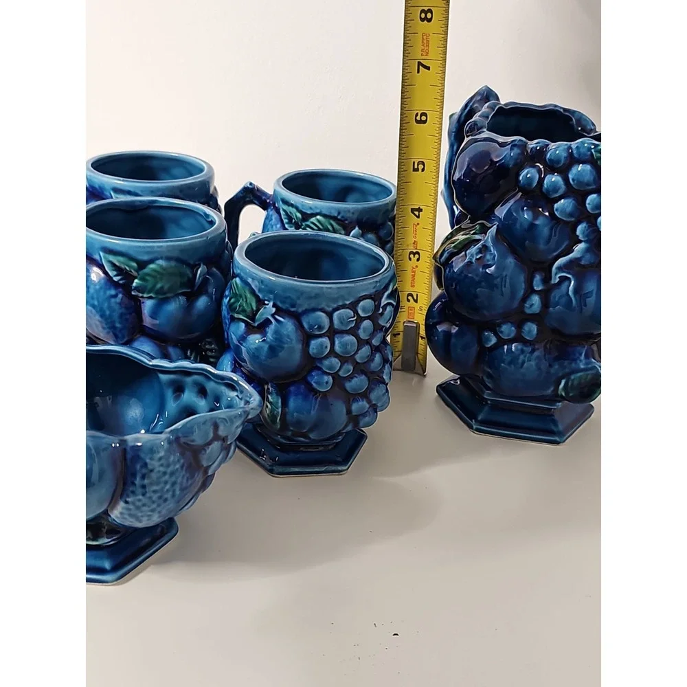Vtg Inarco Mood Indigo Pitcher 4 Cups Creamer Set Blue Green MCM